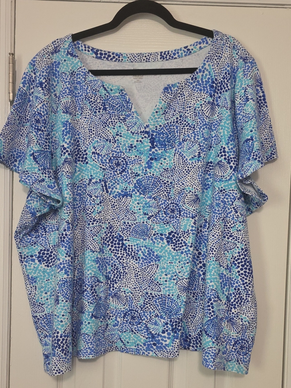 Kim Rogers Blue & Aqua Printed Short Sleeve V-Notch Top